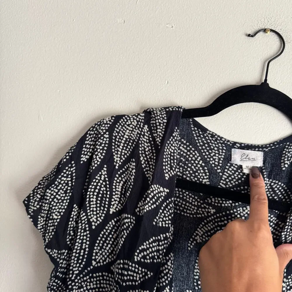 Elan Black + Cream Leaf Print Short Sleeve Tie Front Swimsuit Coverup Medium